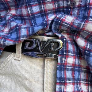 Vintage Y2K DVD Logo Belt Black Leather Chrome Buckle